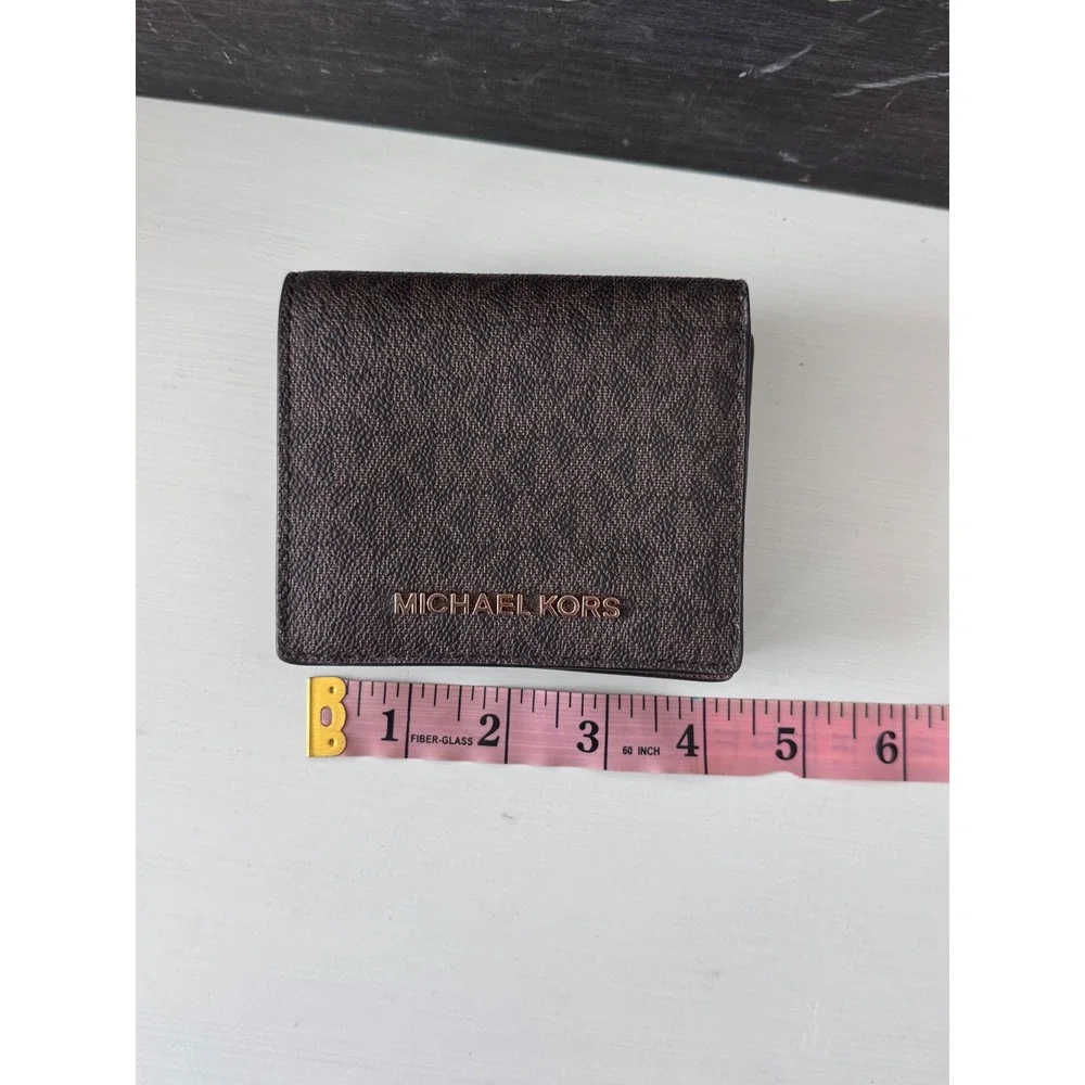 Michael Kors Bifold Wallet Brown Signature Logo Gold Hardware ID Window Pocket